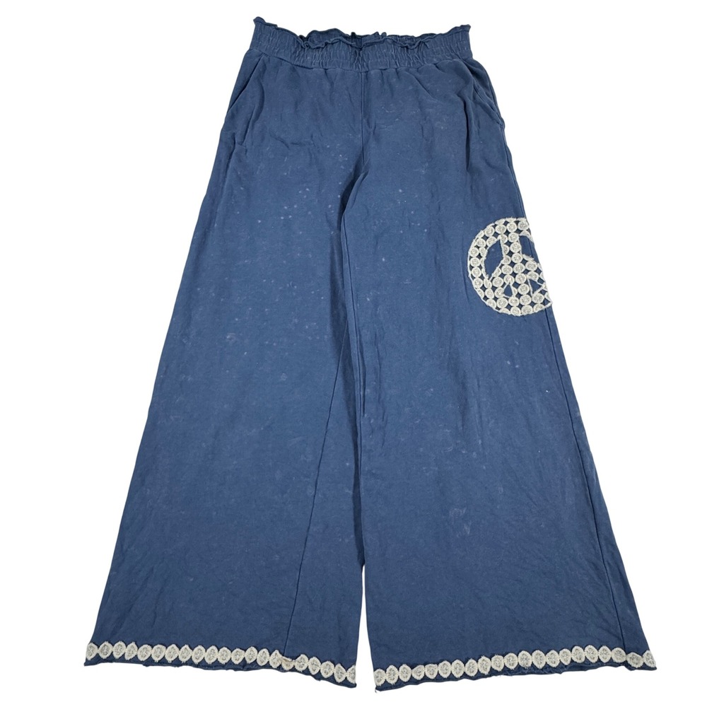 Y2K Umgee Blue Mineral Wash Wide Leg Peace Sign Crochet Trim Lounge Pants S